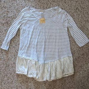 Gray Striped 3/4 Sleeve Peplum Shirt with Lace, M